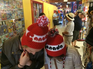 Amy & Michelle trying on Canada hats for me